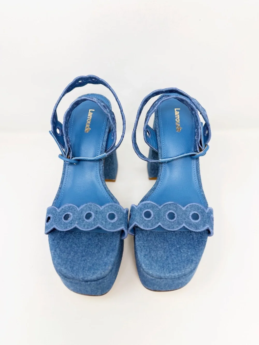 New Larroude Dolly Broderie Sandal In Blue Stoned Denim Sz 9.5
